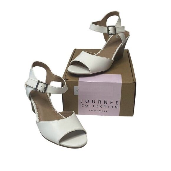 Journee Collection Wedge Dress Sandal Women's 10 White‎ Adjustable Strap NEW - Picture 1 of 7